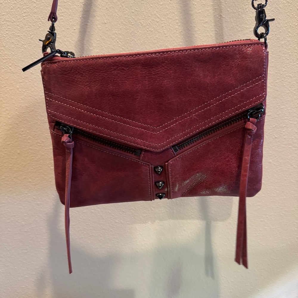 Botkier Trigger maroon Leather Moto Clutch Zip Front Studded Festival Crossbody